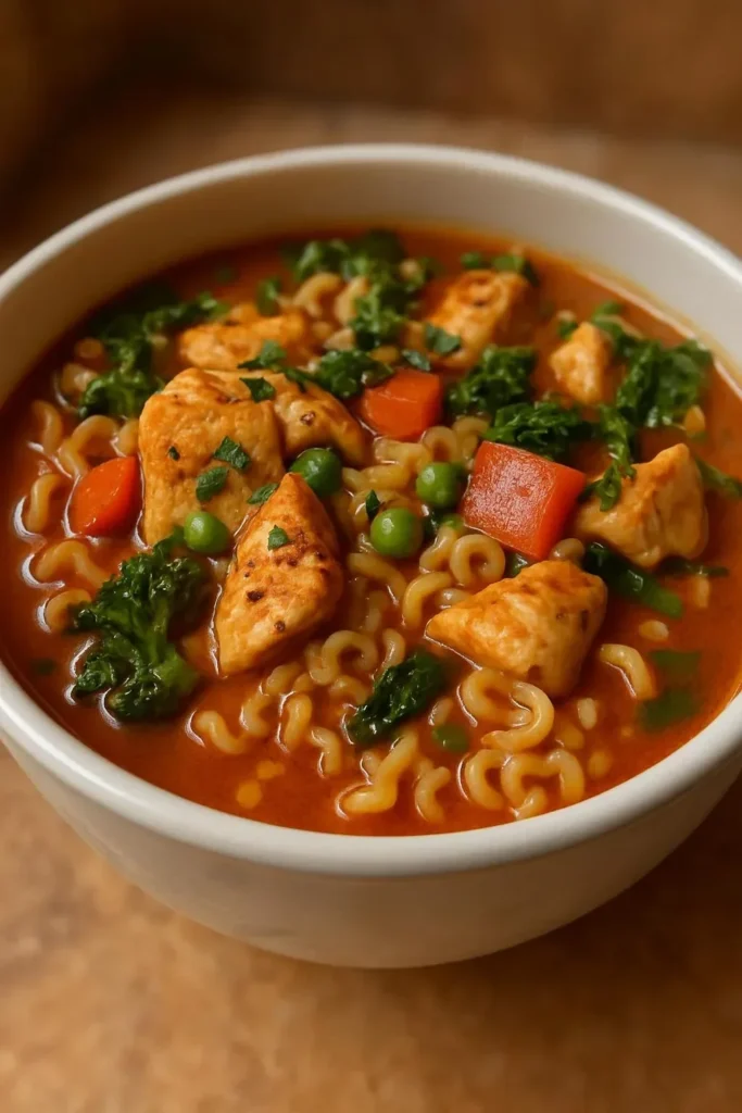 Bowl of Thai red curry noodle soup with fresh herbs and vibrant ingredients