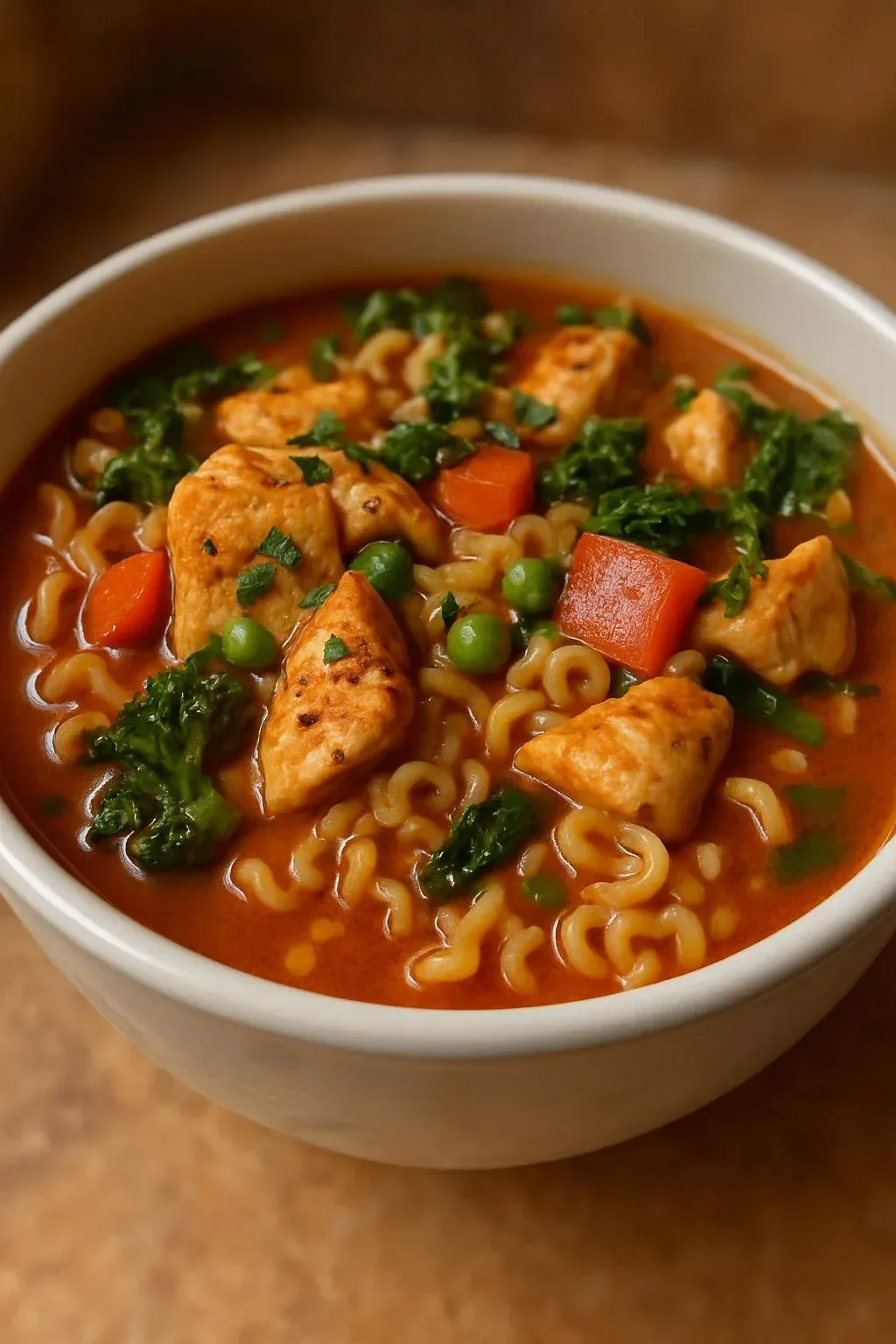 Bowl of Thai red curry noodle soup with fresh herbs and vibrant ingredients