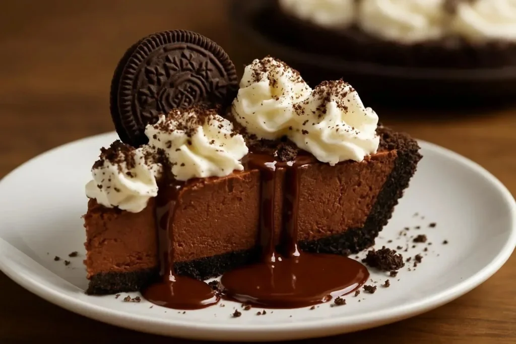 Delicious Mississippi Mud Pie topped with chocolate and nuts