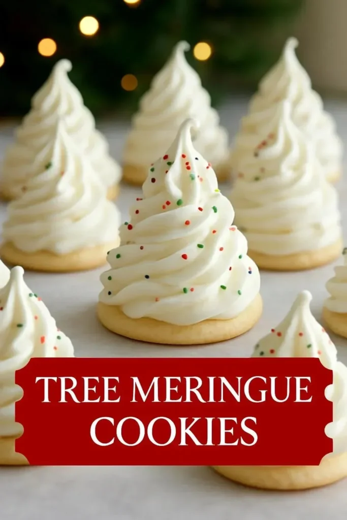 Delicious tree-shaped meringue cookies decorated for the holidays