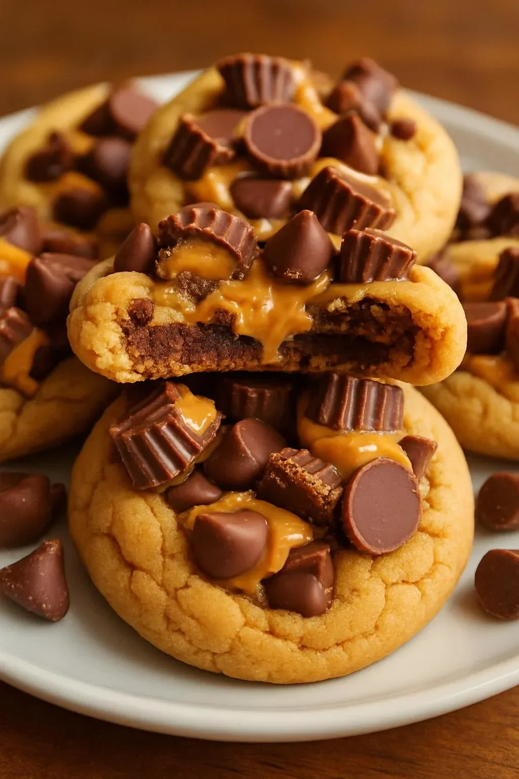 Triple Reese’s Peanut Butter Cookies stacked with chocolate and peanut butter goodness