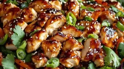 Bowl of Ultimate Crunchy Asian Sesame Chicken Salad with colorful veggies and chicken