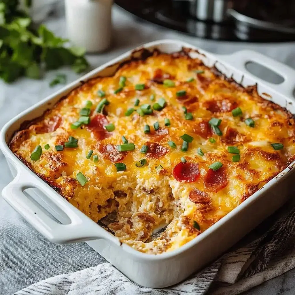Unbelievably delicious crack breakfast casserole dish ready to serve.