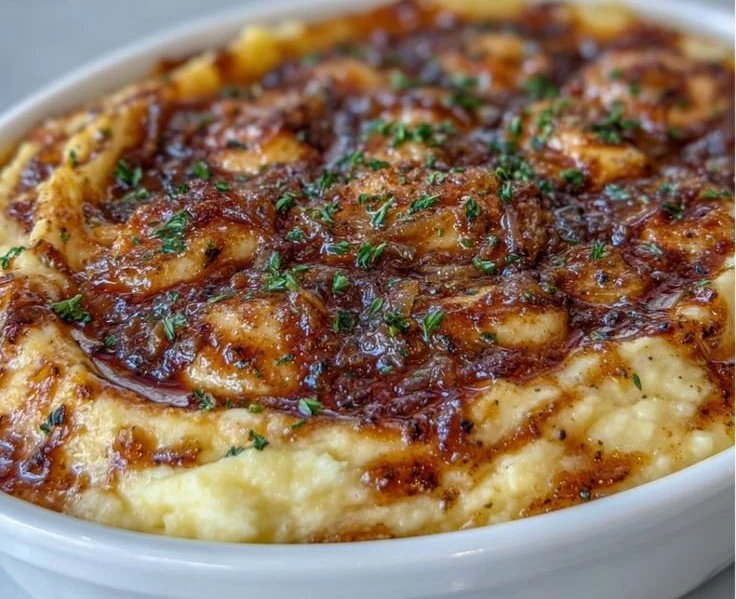 Bowl of vegan caramelized onion mashed potatoes with a sprinkle of herbs
