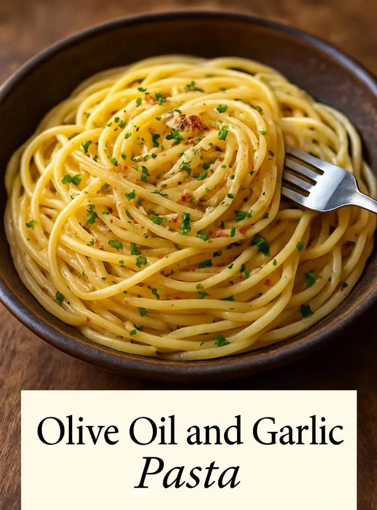 Vegan Garlic and Oil Pasta garnished with fresh herbs and served in a bowl