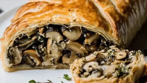 Delicious Vegan Mushroom Wellington served on a festive table