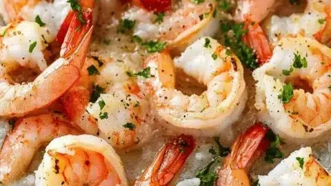 Delicious vegan shrimp dish served with vegetables and herbs