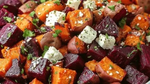 Vibrant roasted beets and sweet potatoes with feta cheese dish