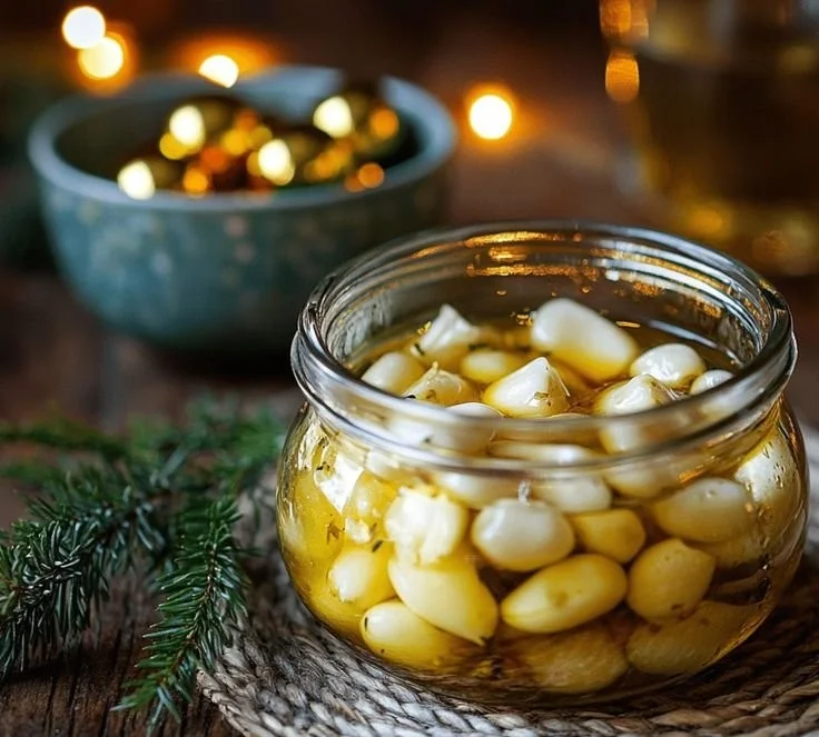 Jar of pickled garlic in olive oil showing softening cloves.