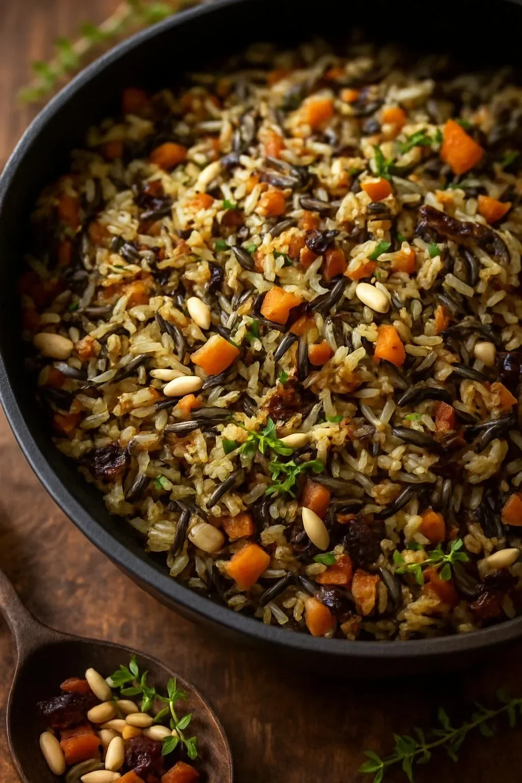 Bowl of wild rice pilaf with vegetables and herbs