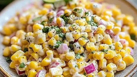 Delicious bowl of zesty Mexican street corn salad topped with fresh ingredients