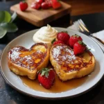Delicious heart-shaped French toast topped with syrup and berries