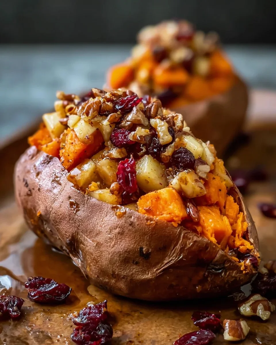 Delicious apple spiced stuffed sweet potatoes on a plate