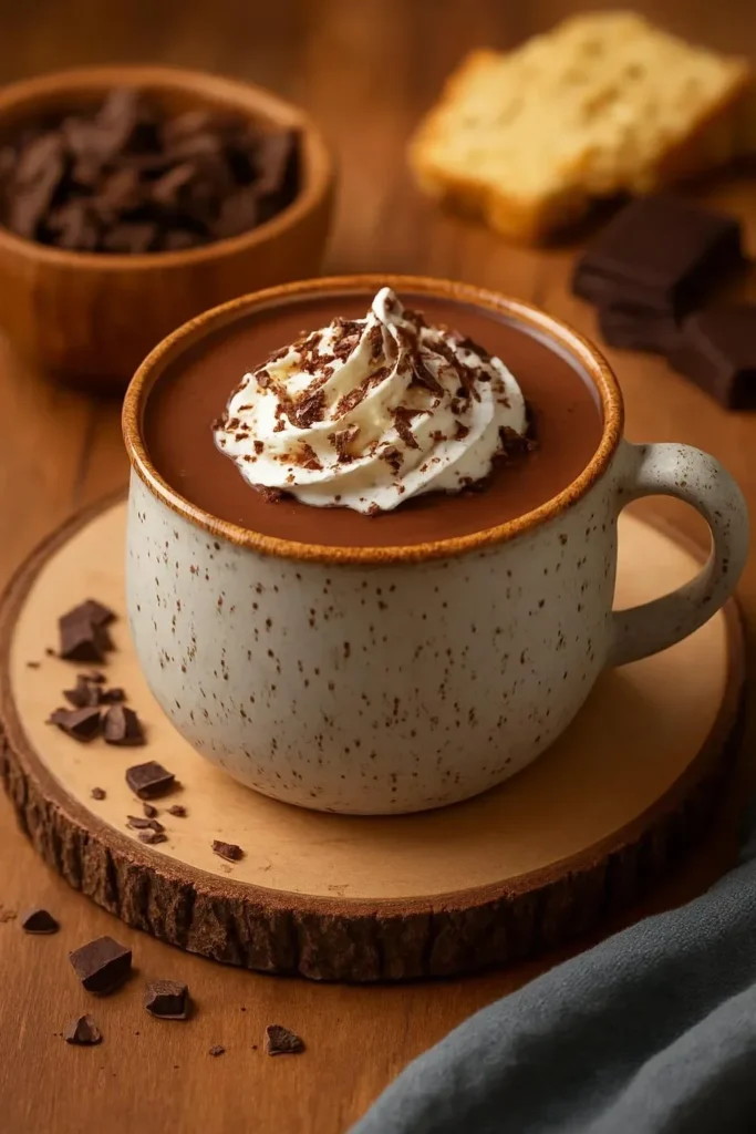 A cup of authentic Italian hot chocolate topped with whipped cream and cocoa
