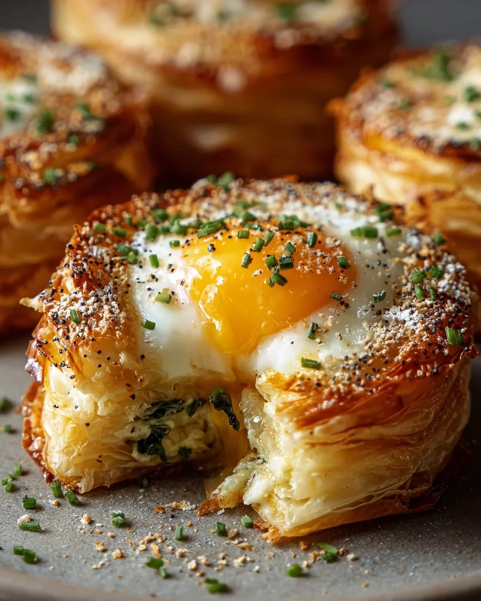 Delicious baked eggs nestled in crispy pastry layers