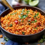 Delicious plate of flavor-packed Mexican rice, Arroz Mexicano, served with fresh garnishes.