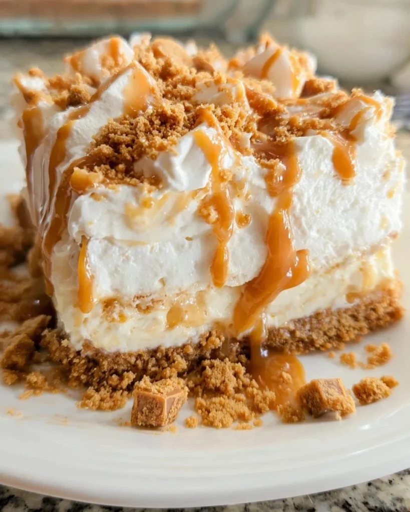 Delicious butterscotch dessert topped with caramel drizzle