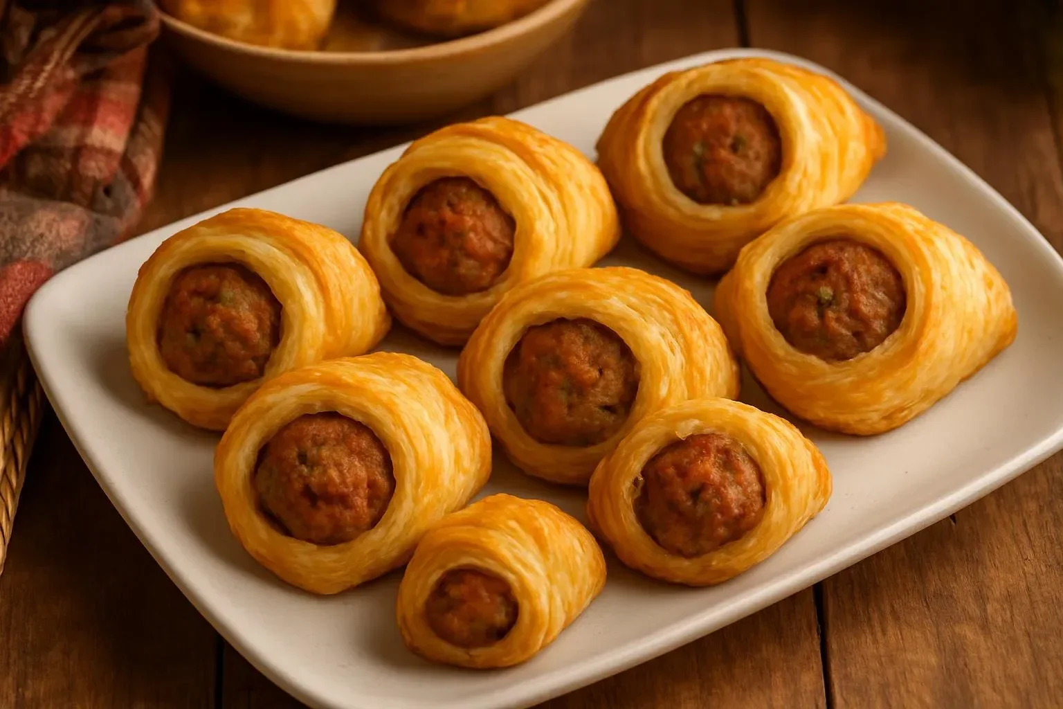 Cajun Sausage Puffs displayed on a platter, perfect flaky appetizers for parties