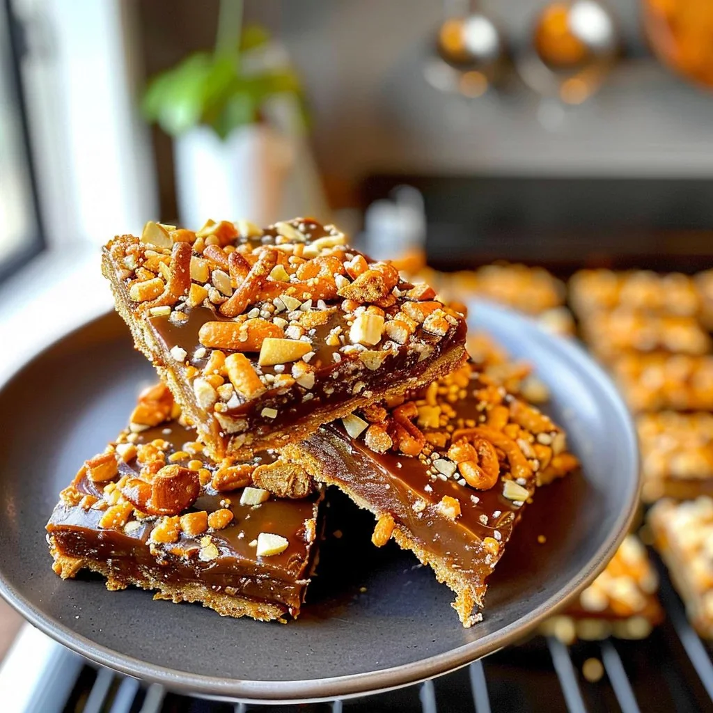 Delicious Caramel Pretzel Bars drizzled with caramel and sprinkled with sea salt