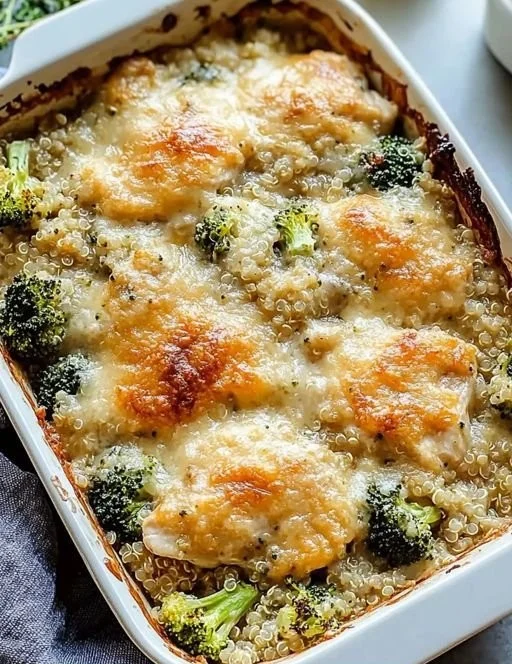 Cheesy Chicken Broccoli Quinoa Bake served in a dish, garnished with herbs.