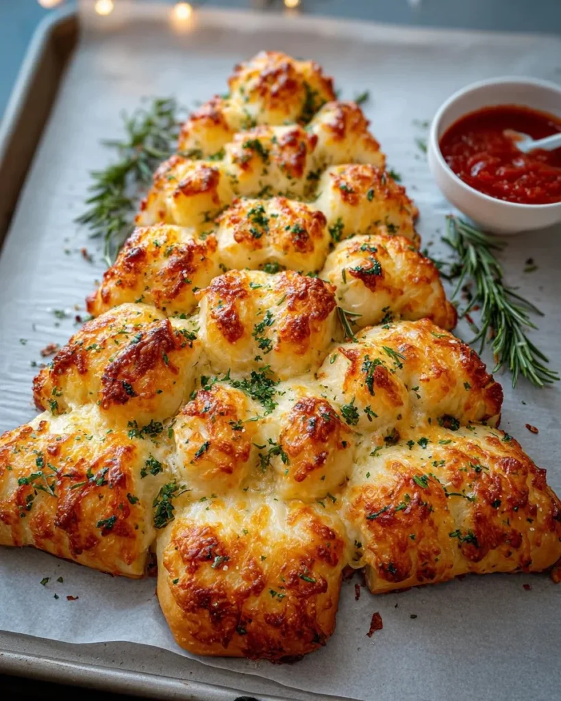 Cheesy Christmas tree bread shaped like a Christmas tree, perfect for the holidays.