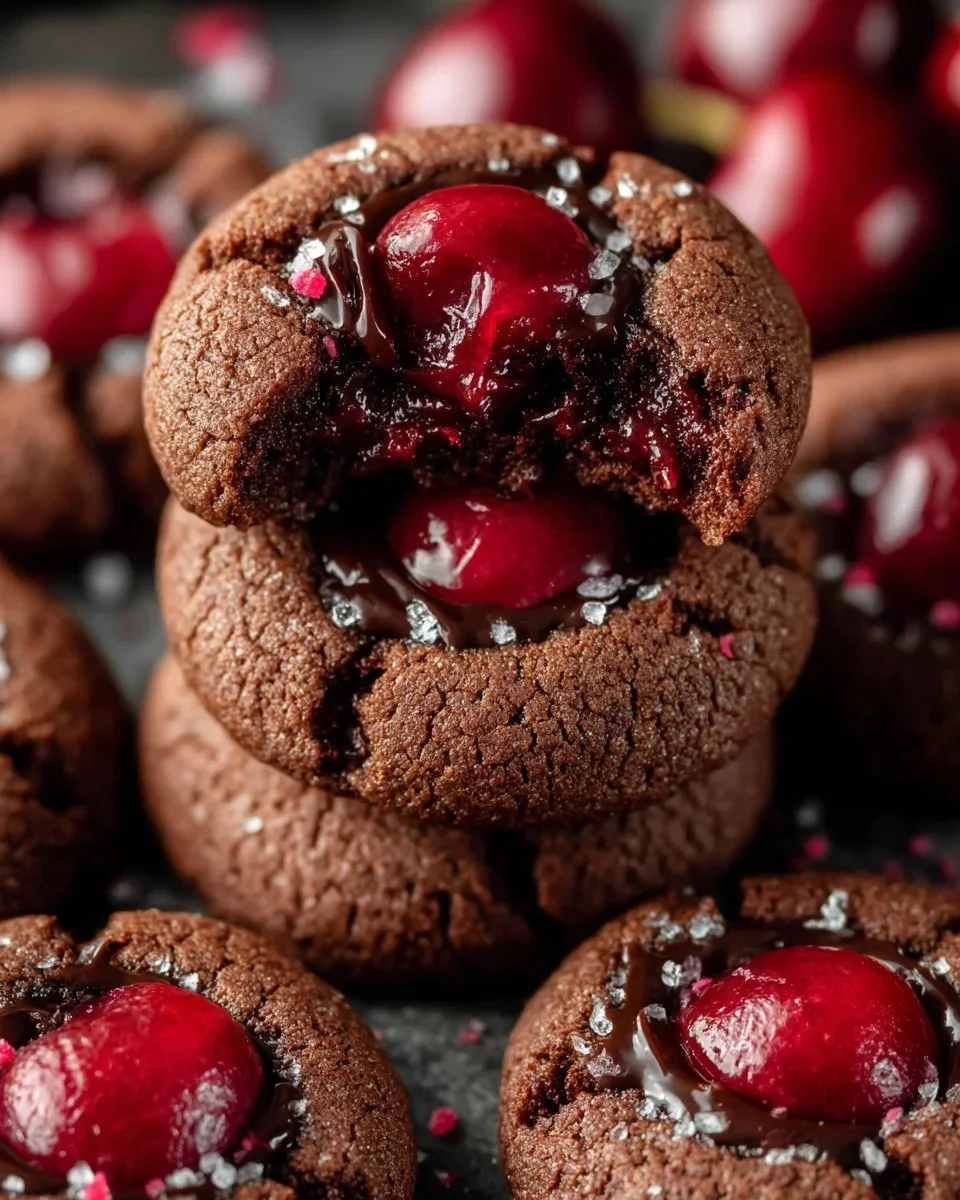 Delicious Chocolate Cherry Thumbprint Cookies on a plate