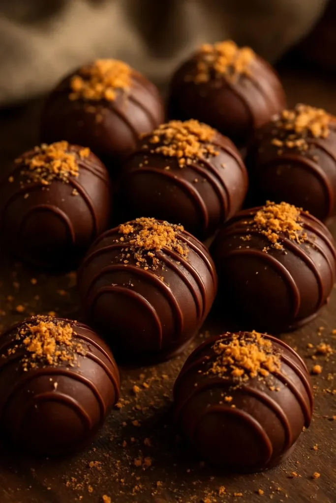 Delicious chocolate-covered gingerbread truffles on a festive plate