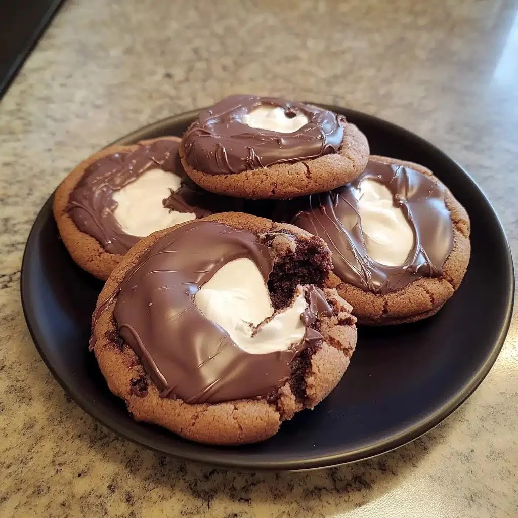 Gooey chocolate marshmallow swirl cookies on a plate