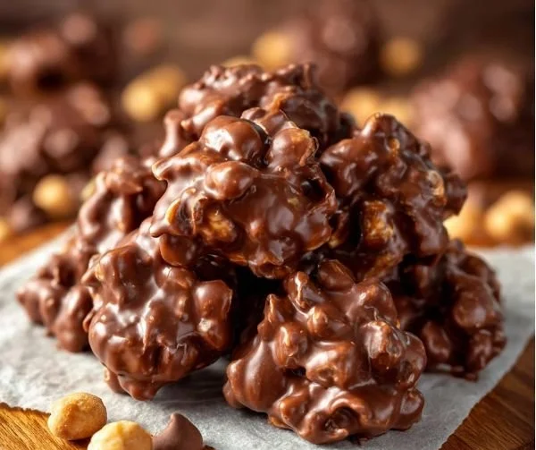 Delicious chocolate peanut clusters with rich chocolate coating and peanuts.