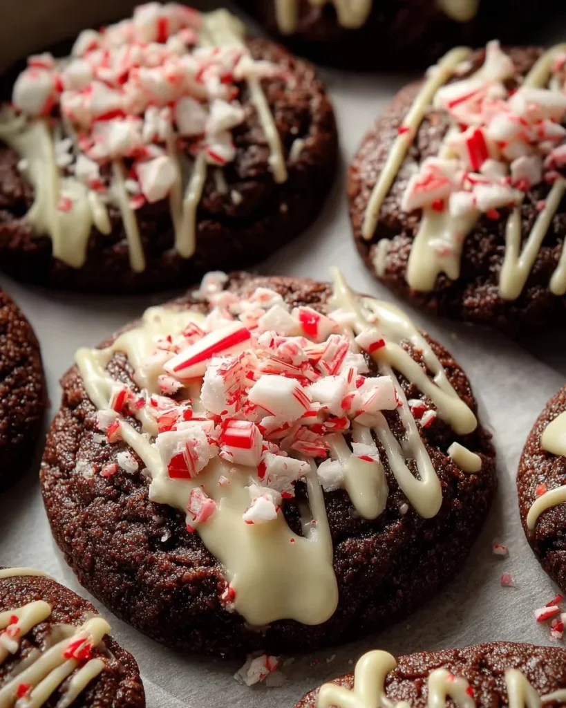 Batch of Chocolate Peppermint Bark Cookies with festive decorations