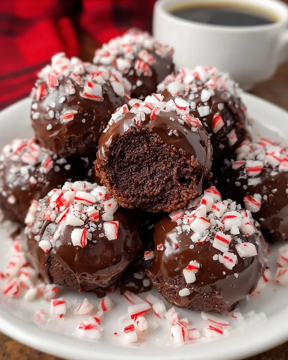 Chocolate peppermint brownie balls garnished with crushed peppermint.