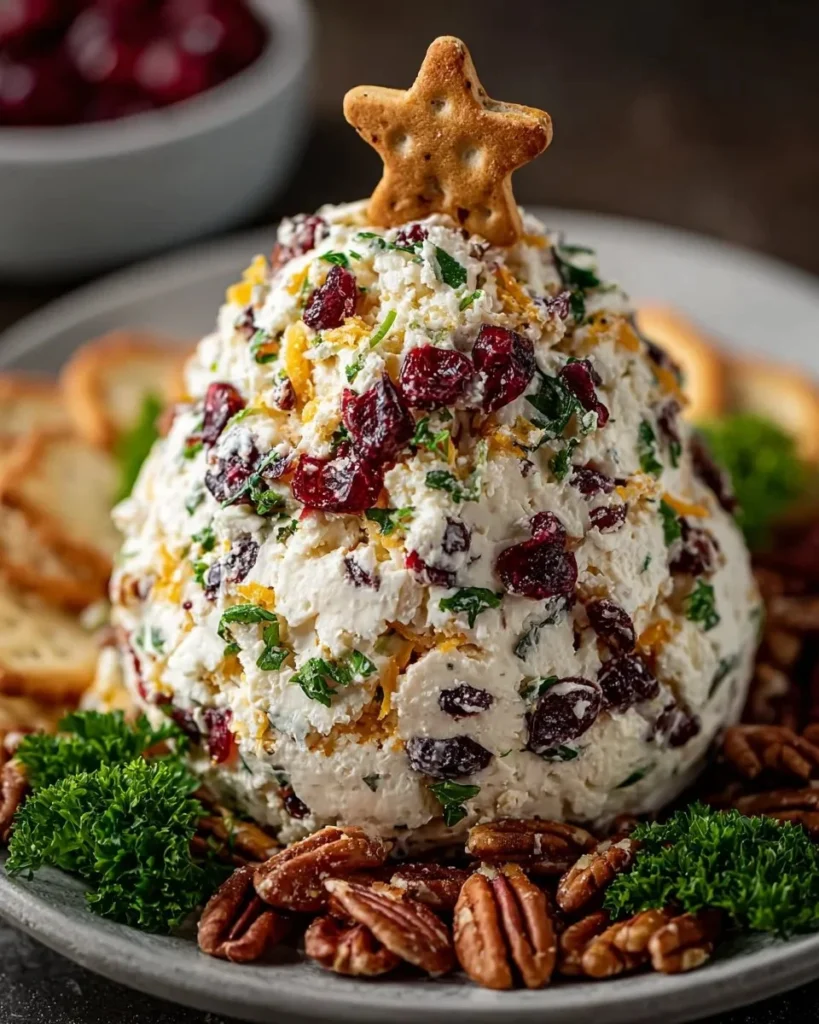 Christmas Cranberry Pecan Cheese Ball served on a festive platter
