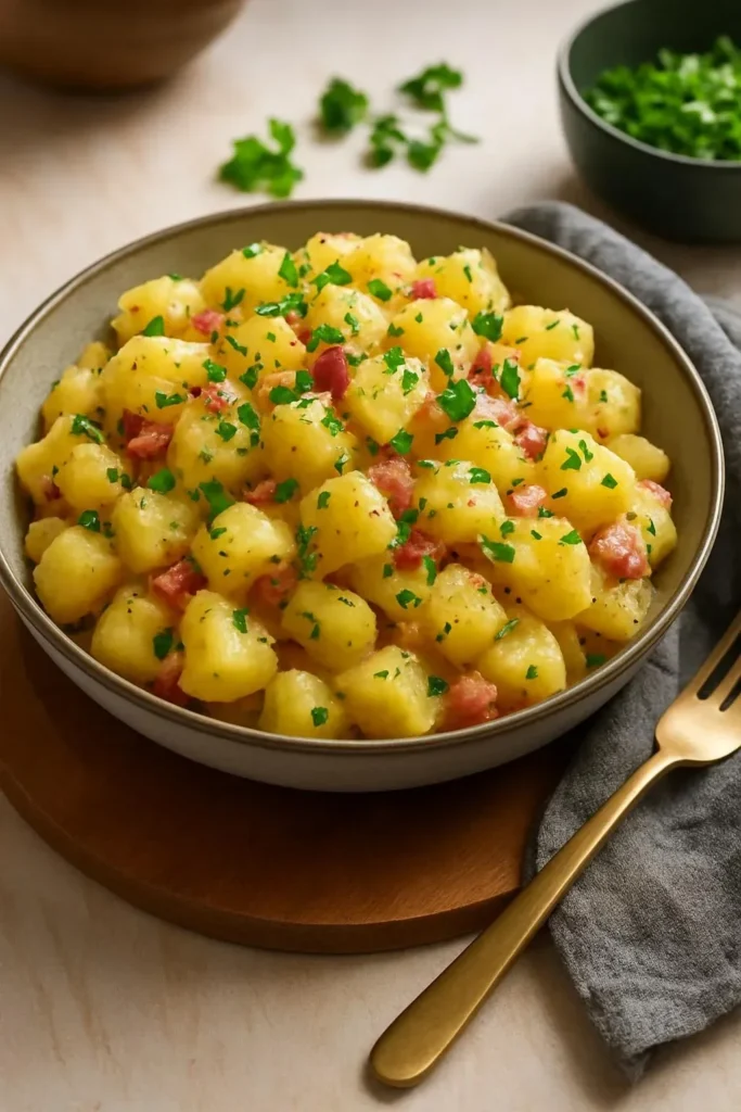 A bowl of classic German potato salad garnished with fresh herbs and served cold.