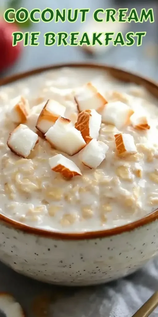Bowl of Coconut Cream Pie Overnight Oats topped with coconut flakes and fruit