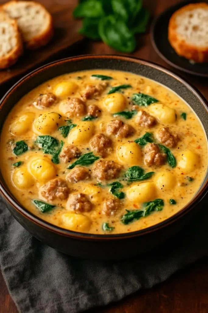 Creamy Italian Sausage Gnocchi Soup in a bowl, featuring fresh herbs and ingredients.