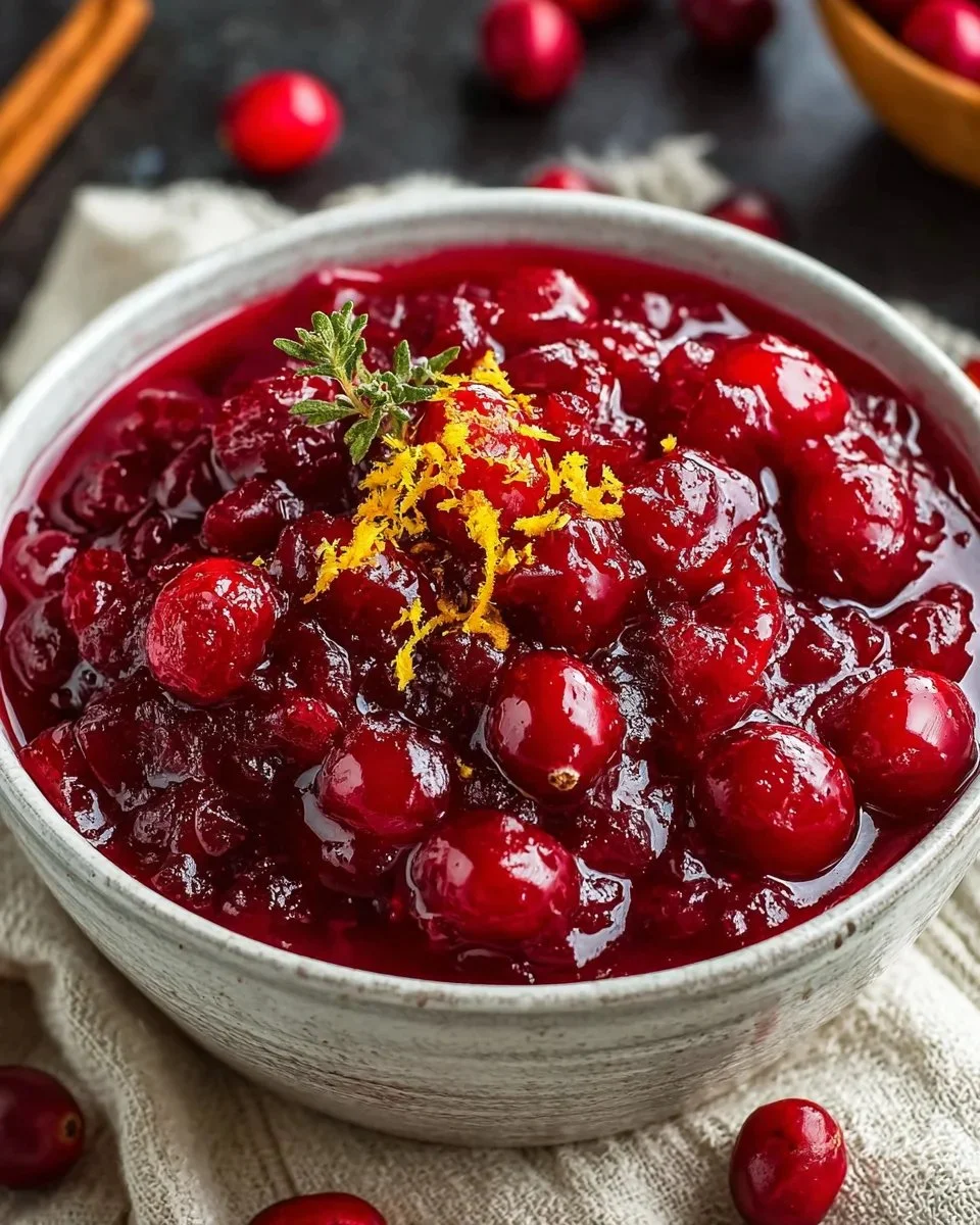 A bowl of homemade cooked cranberry sauce, garnished for presentation.
