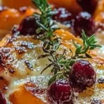 Delicious sweet potato cranberry gratin served in a cozy dish