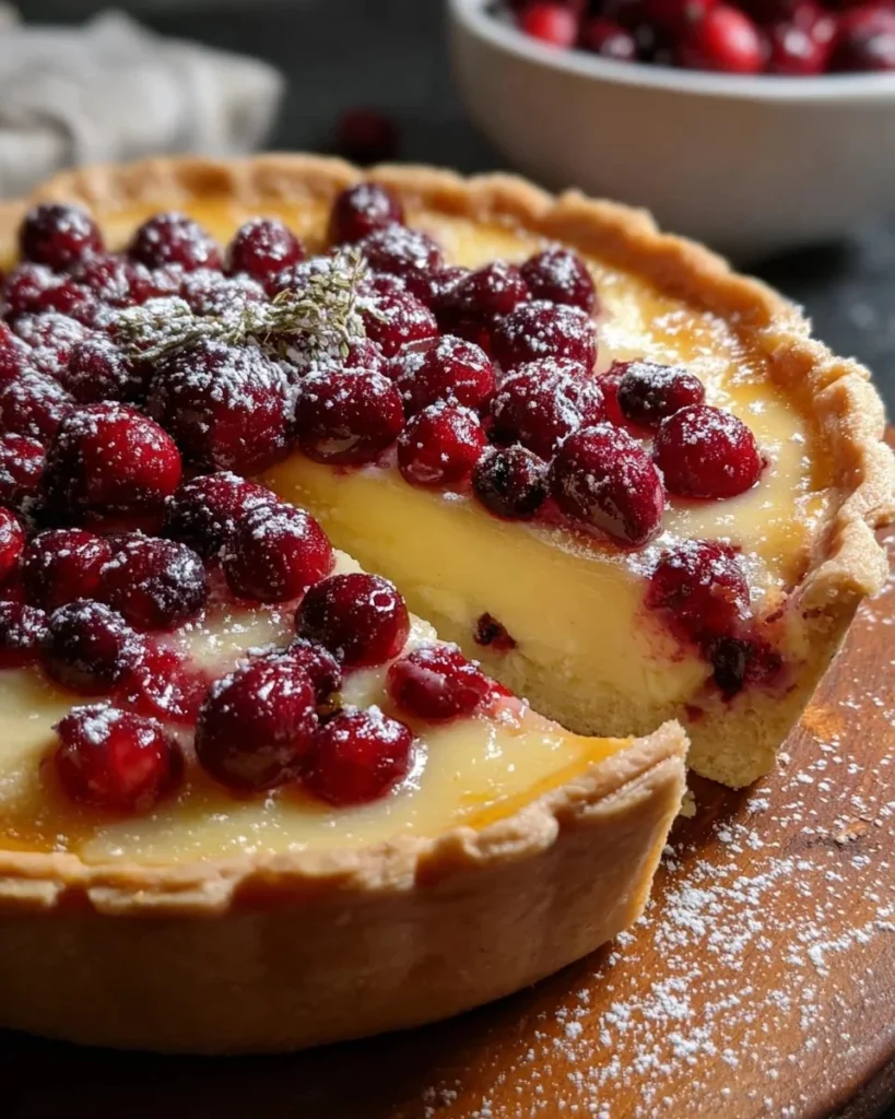 Delicious Cranberry Custard Pie Delight with vibrant cranberries and creamy filling