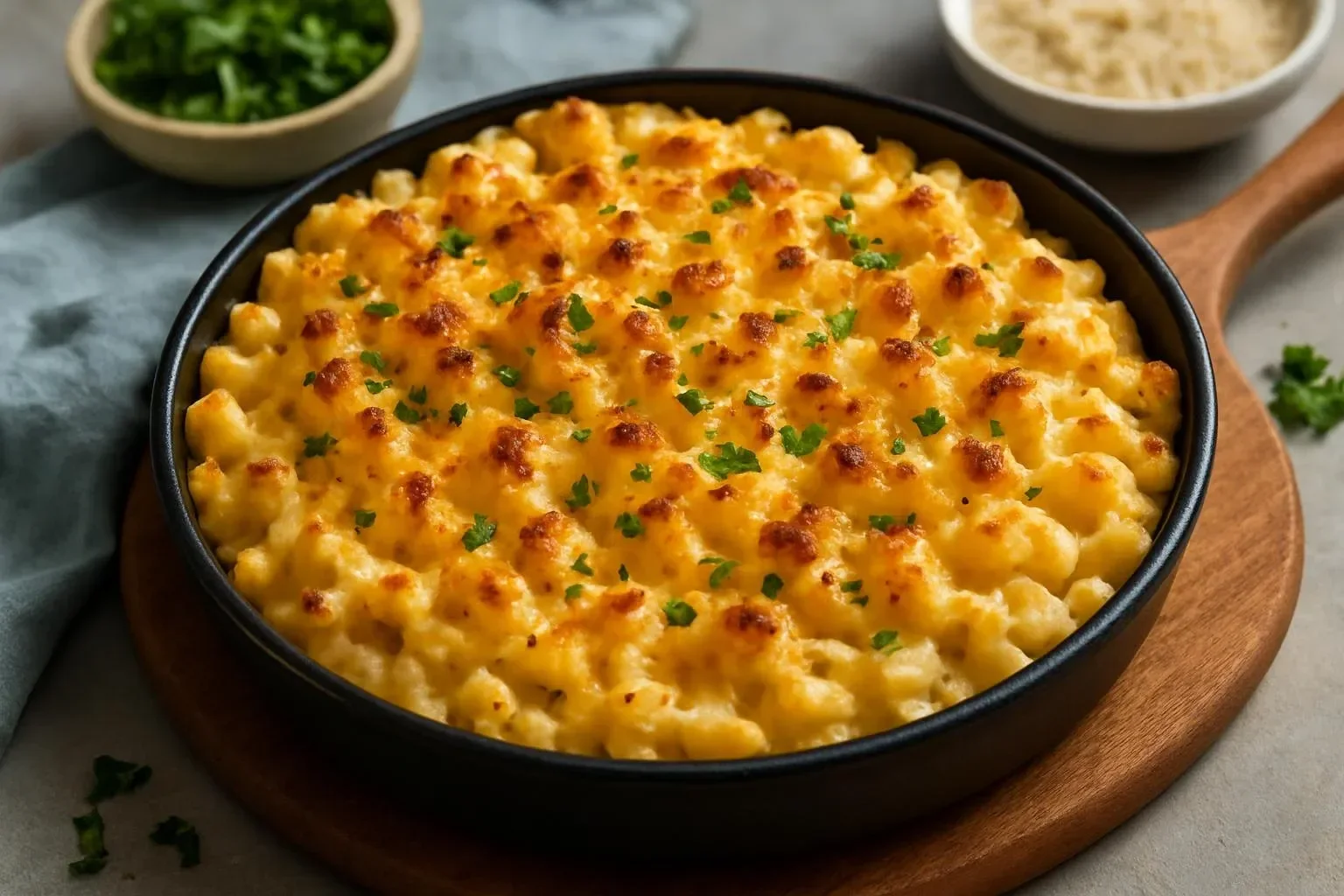 Creamy Cauliflower Mac and Cheese dish served with fresh herbs.