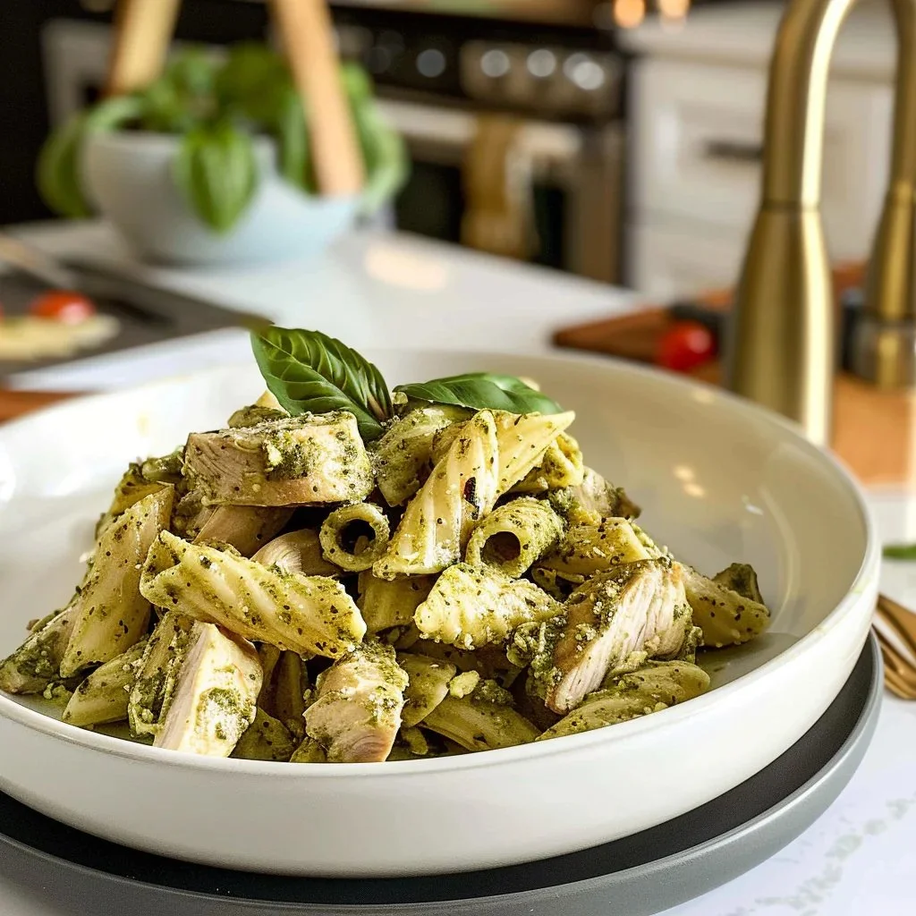 Creamy pesto chicken pasta served in a bowl with fresh basil