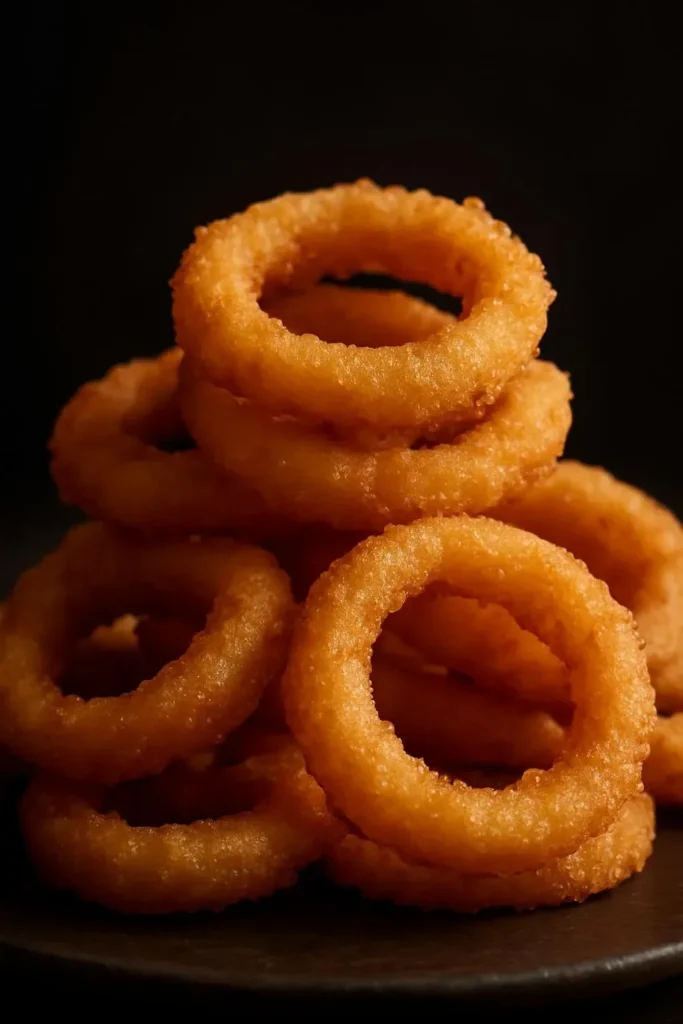 Plate of crispy buttermilk pancake batter onion rings garnished with herbs