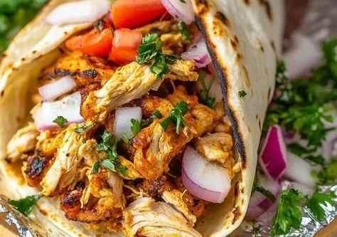 Delicious crockpot Chicken Shawarma served with pickled vegetables and pita.