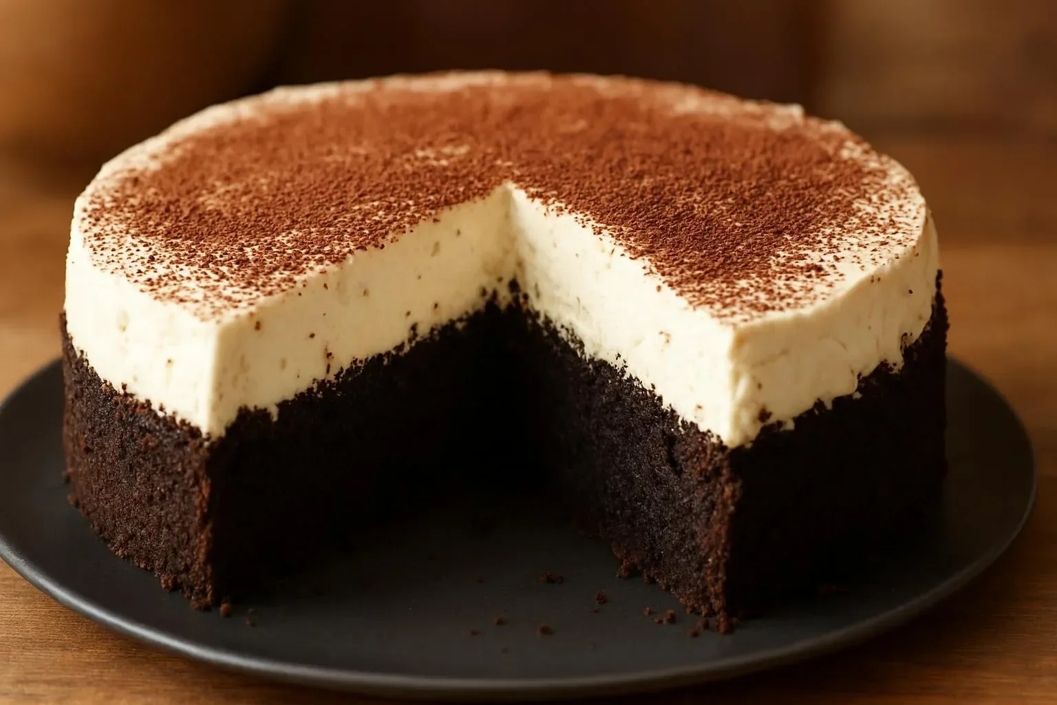 Decadent black cocoa cake with silky mascarpone frosting on a plate