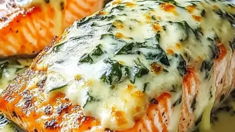 Delicious baked salmon dish with spinach and mozzarella, perfect for quick dinners.