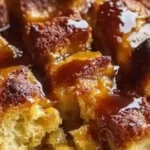 Delicious bread pudding topped with caramel whiskey sauce on a white plate.