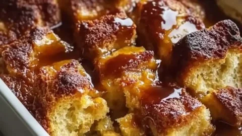 Delicious bread pudding topped with caramel whiskey sauce on a white plate.