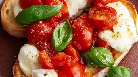 Delicious burrata bruschetta topped with fresh ingredients on rustic bread