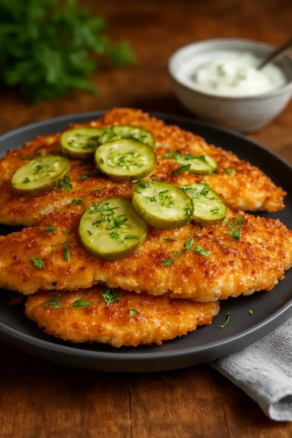 Delicious Dill Pickle Parmesan Chicken served on a plate with herbs and spices