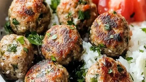 A plate of delicious Greek turkey meatballs served with herbs and a side salad