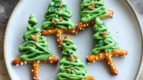 Delightful pretzel Christmas trees decorated for festive fun